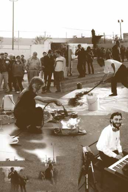 “HOMELESS ART” Show and performance 2001, Glendale Parking Lot. The first row – composer Tigran Takhemesian performs his abstract composition, second row – Sev creates art with his gas burner, third row – Kiki creates large scale Bobo image.